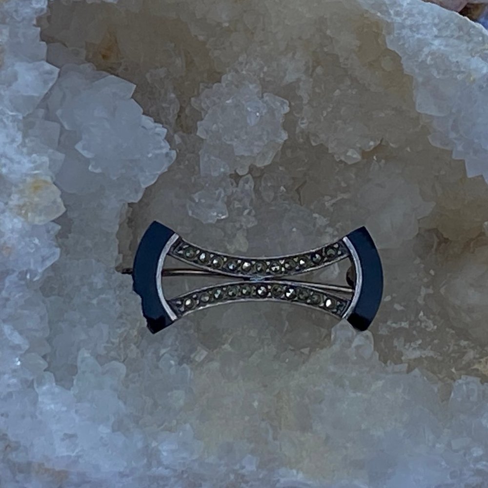 Vintage Sterling Silver with Marcasites & Onyx? Brooch Pin